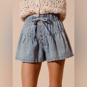 light wash denin mineral button barrel wide leg boho bohemian drawstring shorts